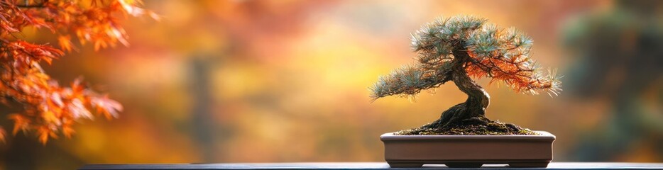 Wall Mural - Bonsai tree in a brown pot, autumn background.