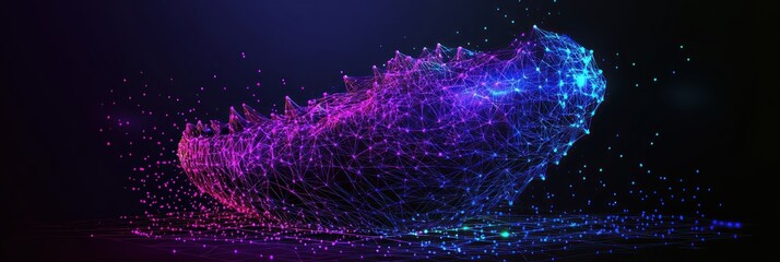 Wall Mural - abstract digital art; glowing, purple and blue particles forming a wave-like shape on dark backgroun