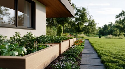 Sticker - Modern house garden, raised beds, stone path, backyard