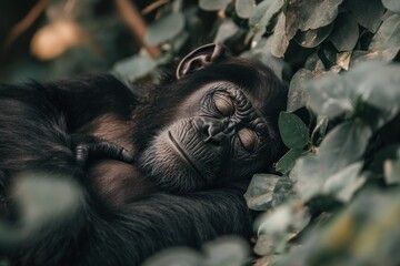 Poster - A young chimpanzee peacefully sleeps nestled amongst lush green foliage, its eyes closed in slumber.