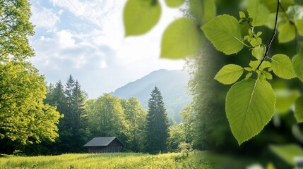 Sticker - Mountain cabin, spring foliage, nature scene, peaceful landscape, eco-tourism