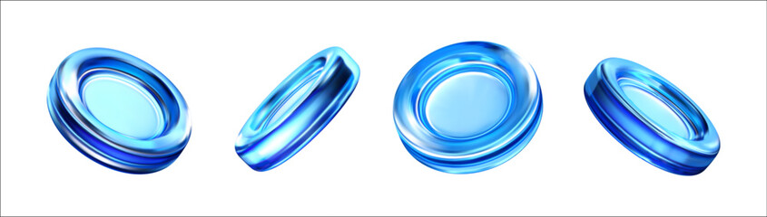 Wall Mural - 3d blue glass coin. render set translucent disk crystal. money gradient glass effect. abstract gloss