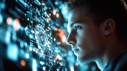 Young Man Observing Futuristic Interface: A Glimpse into Technological Innovation