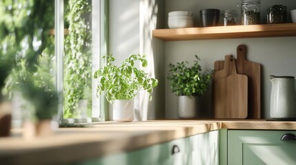 Wall Mural - Sunlit kitchen herbs, window, counter, cooking