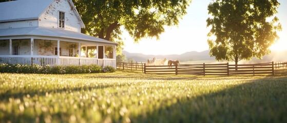 Canvas Print - Sunrise over farmhouse, horses in pasture. Peaceful rural scene. Ideal for real estate