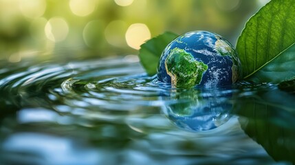 Poster - A Small Globe of Earth Surrounded by Water Droplets and Green Leaves Reflecting Light in Nature's Serenity