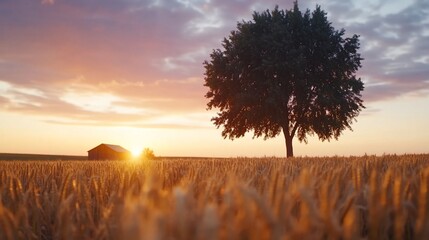 Wall Mural - Sunset over wheat field, lone tree, barn. Peaceful rural scene, ideal for nature or agriculture themes