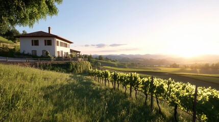 Wall Mural - Sunset vineyard villa, rolling hills. Ideal for real estate, travel