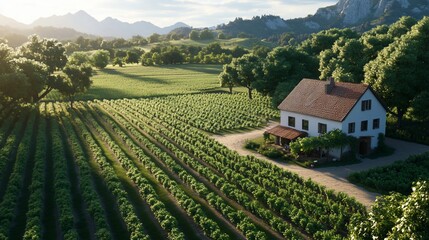 Wall Mural - Vineyard house, mountain view, sunrise, rural landscape, agriculture