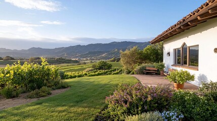 Canvas Print - Vineyard house sunrise view,  peaceful landscape,  morning light