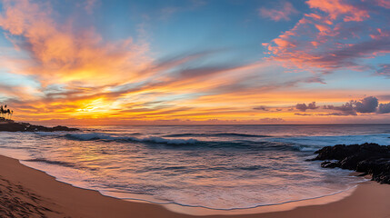 Wall Mural - Vibrant sunset over ocean with colorful clouds and gentle waves on sandy beach.