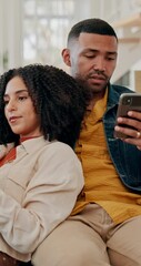 Poster - Couple, phone and relax on sofa with talk, care and conversation with love, reading and scroll web in home. People, man and woman with embrace, smartphone and chat with mobile app on couch in house
