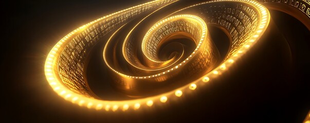 Wall Mural - Illustration of a 3D Fibonacci sequence spiral in glowing gold isolated