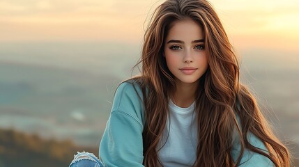 Wall Mural - Highly detailed depiction of a young woman with long brown hair, dressed in a white t-shirt under a light turquoise sweatshirt, skinny ripped jeans, tanned skin, natural lighting, soft focus, 