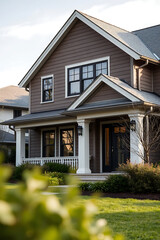 Sticker - Modern Suburban Home Exterior: Architectural Design and Landscaping.  A picture of a beautiful contemporary house with a gray facade, white columns, and well-maintained landscaping.