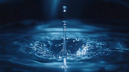 Water drop impact, ripples, dark blue background, purity concept, website banner