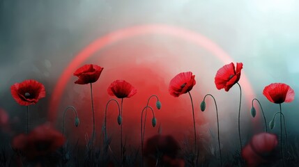 Poster - Vibrant Red Poppies Under a Mystical Sunset