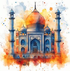 Beautiful Mosque Illustration, Watercolor Painting.