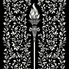 Wall Mural - A simple black and white vector line drawing of the silhouette of a Torch an intricate background pattern of dark flowers and leaves. 