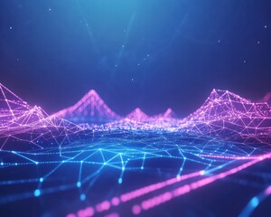 Wall Mural - Abstract digital landscape, glowing network, data visualization, tech background, website header