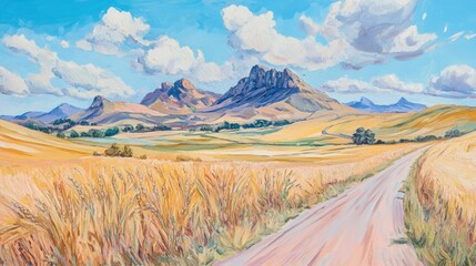 Canvas Print - Serene Country Road Winding Through Golden Wheat Fields Under a Summer Sky