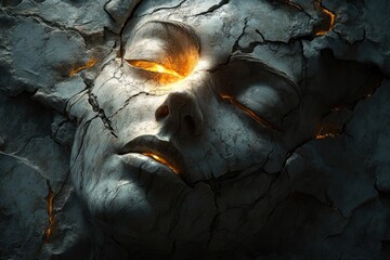 Wall Mural - Glowing Stone Face Embedded In Cracked Surface