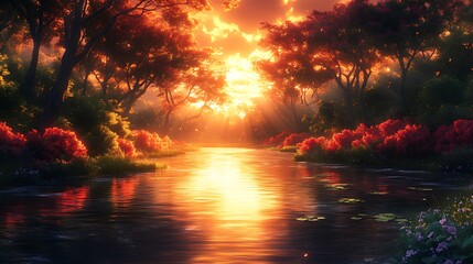 Wall Mural - Sunset river scene, vibrant foliage, calm water, forest background, idyllic nature
