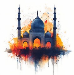 Beautiful Mosque Illustration, Watercolor Painting.