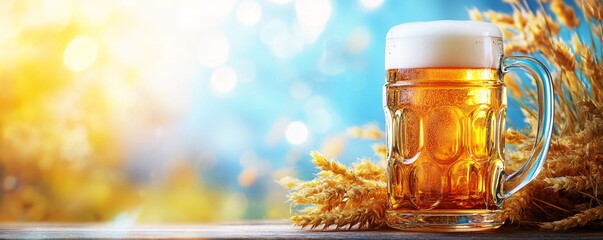 Aufkleber - Mug of cold beer standing on wooden table with ears of wheat