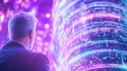 futuristic data stream, businessman, tech - neon/cyberpunk aesthetics