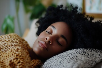 Poster - A woman with curly hair rests comfortably on a contemporary couch, wrapped in a soft throw blanket. The living room features blurred plants and art, creating a serene atmosphere