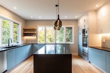 Wall Mural - Modern Kitchen Island with Blue Cabinets and Large Windows