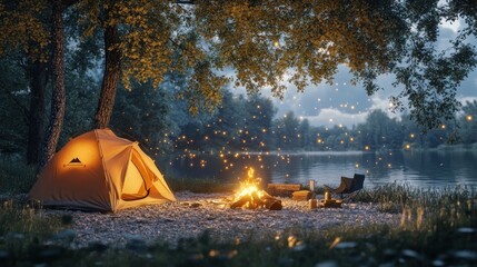 Poster - Idyllic Lakeside Campsite Featuring a Cozy Tent and Fire