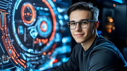 techy young man, futuristic interface - futuristic technology