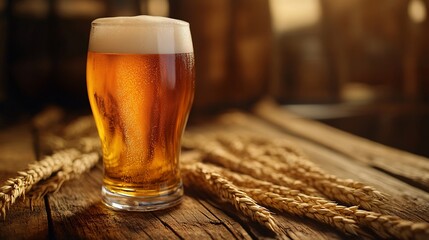 Aufkleber - Glass of cold beer with wheat on a rustic wooden table
