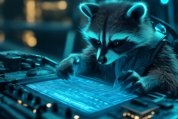 Raccoon wearing tactical gear hacks into a glowing digital mainframe in a futuristic, neon lit setting