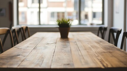 Wall Mural - Rustic wooden table in bright office, plant center, meeting