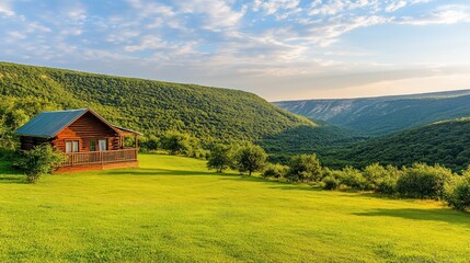 Poster - Secluded Log Cabin Mountain Valley Landscape