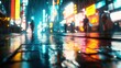 © STwul - Rainy Night City Street, Neon Reflections, Blurred Pedestrians, Cyberpunk Background, Filmmaking