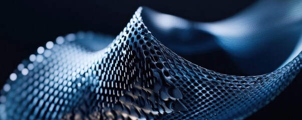 Blue, textured fabric sample swirls on dark background; textile innovation