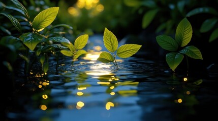 Sticker - Green leaves illuminated near tranquil water at dusk