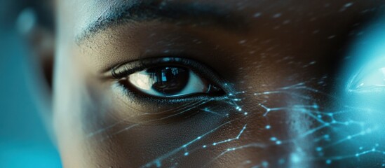 Person's eye close-up, digital network overlay, blue background, tech concept