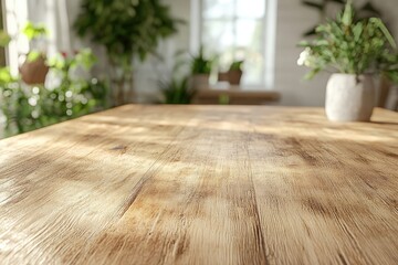 Wall Mural - Sunlit Wooden Tabletop with Blurred Indoor Plants