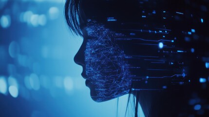 Woman, digital overlay, city night, data streams, tech concept