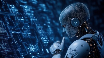 Robot analyzes data, futuristic interface, digital background, AI concept