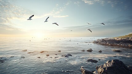 Poster - Seagulls Soaring Over Coastal Rocks at Sunset