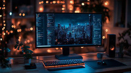 Modern Programmer Workspace Night Cityscape Coding Desktop Setup Home Dark Blue Glow Code Mouse     