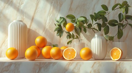 Wall Mural - Sunlit Oranges and Elegant Vases Still Life. AI Generated