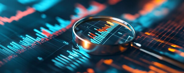 Leinwandbilder - Magnifying glass examining glowing financial charts on a computer screen