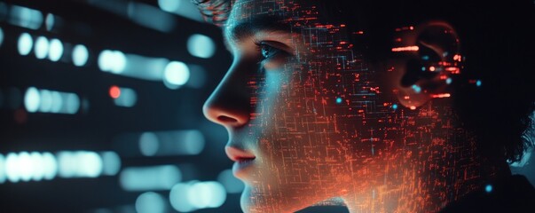 Young man, data overlay, city night, tech future, website banner